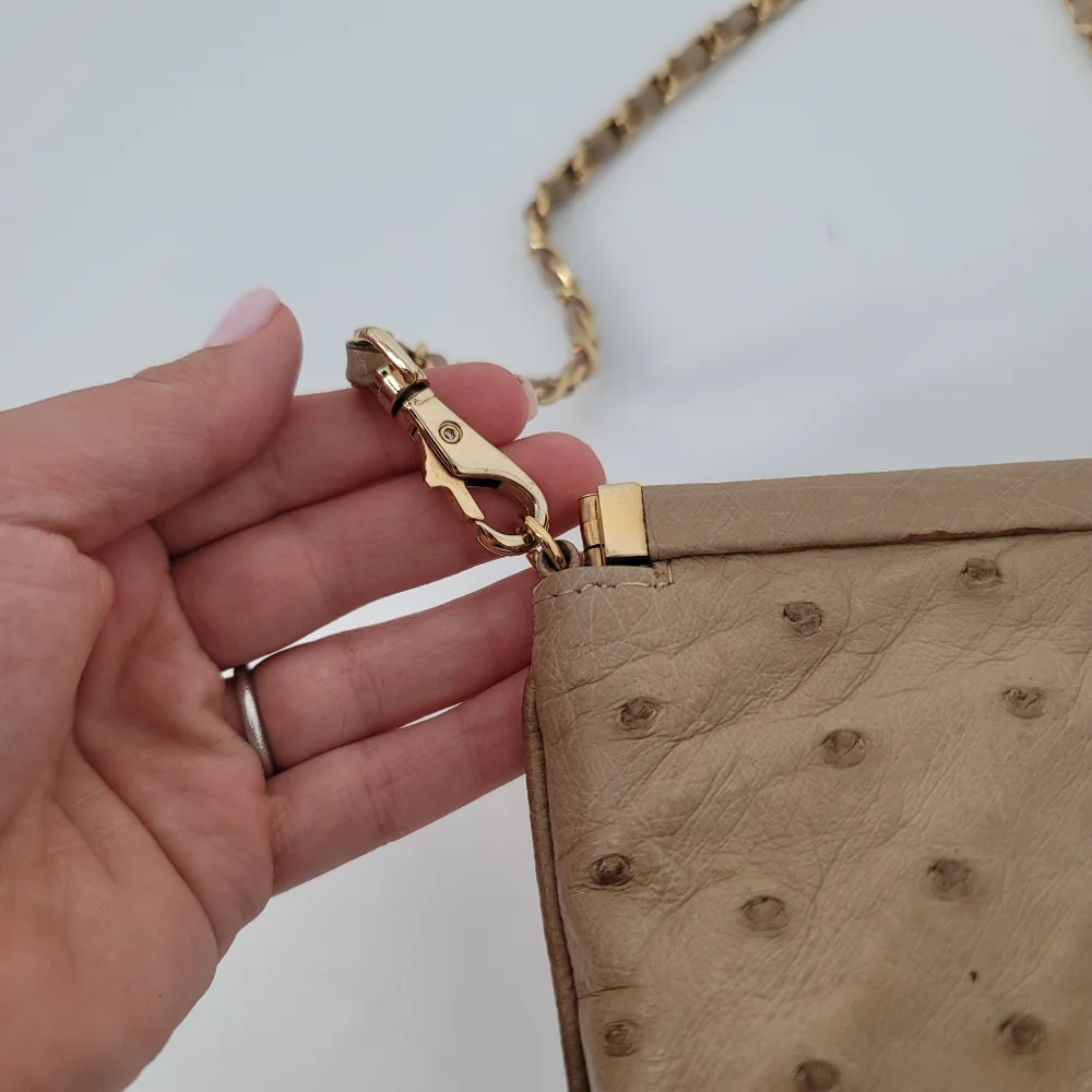 ALIEL Beige Ostrich Leather Flat Clutch Handbag NEW Made in Italy Gold